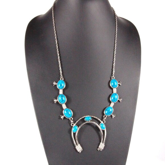 Vintage Faux Turquoise Squash Blossom Silver Tone Necklace - Picture 1 of 8